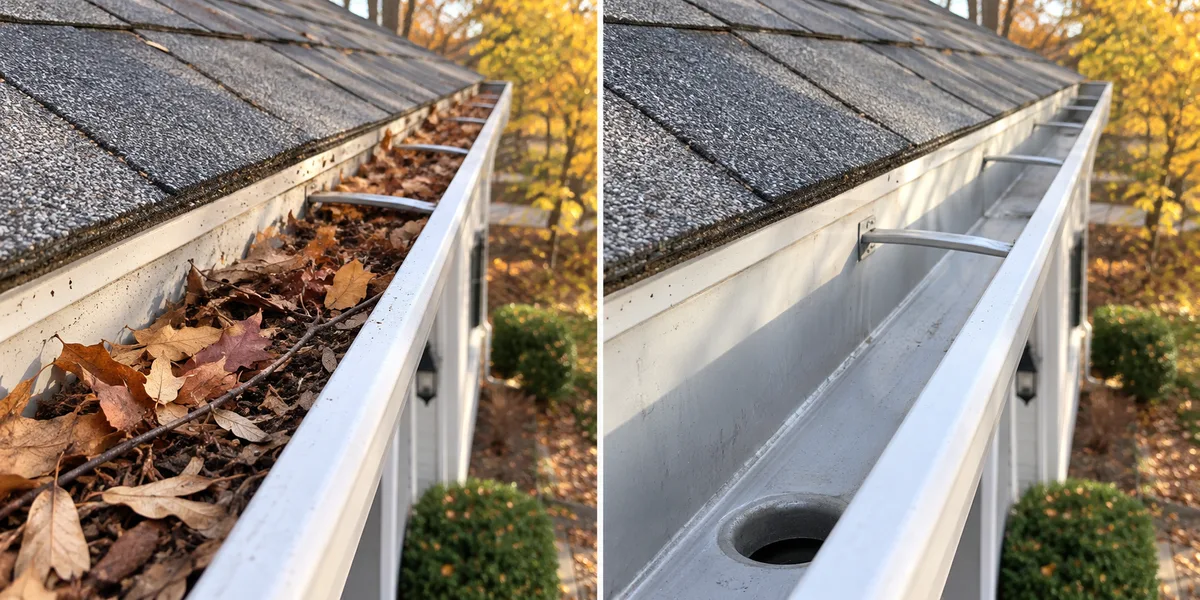 AI-generated example showing a leaf-filled gutter before cleaning on the left and the same gutter cleared on the right.